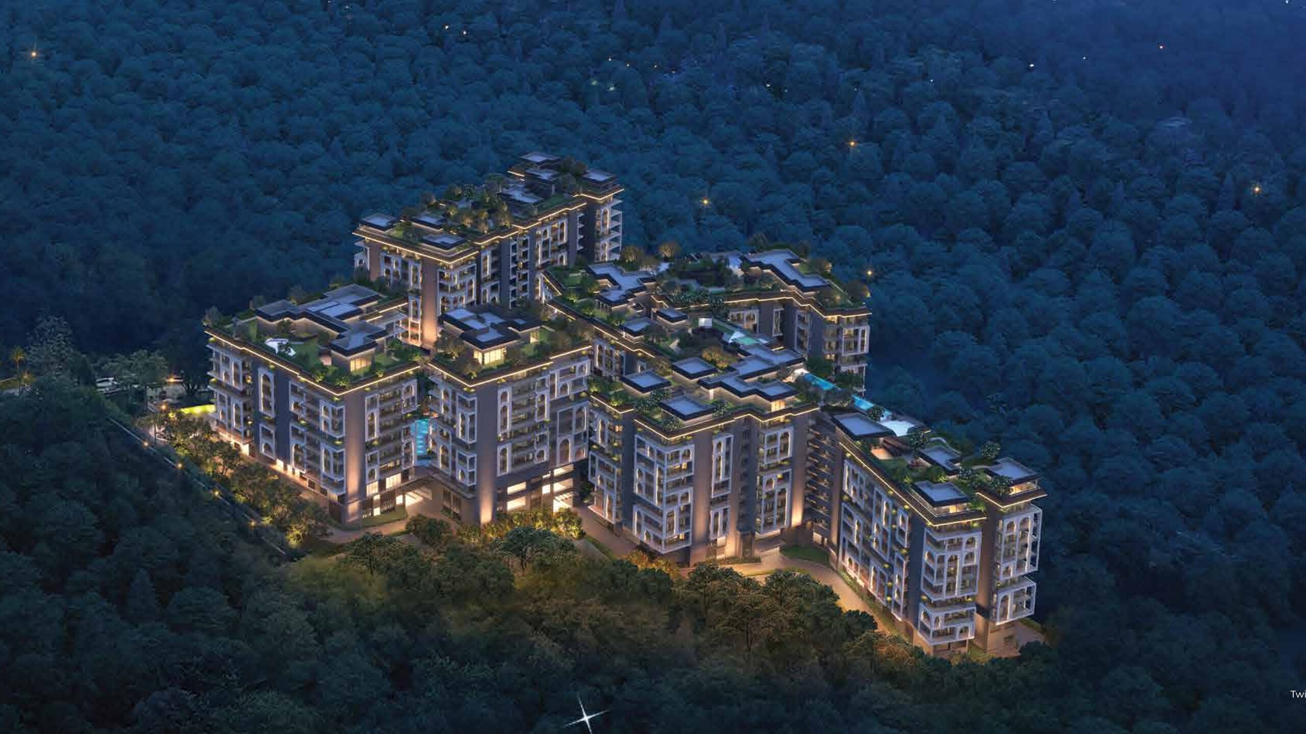 Twilight aerial view of the towers amid tree cover, render