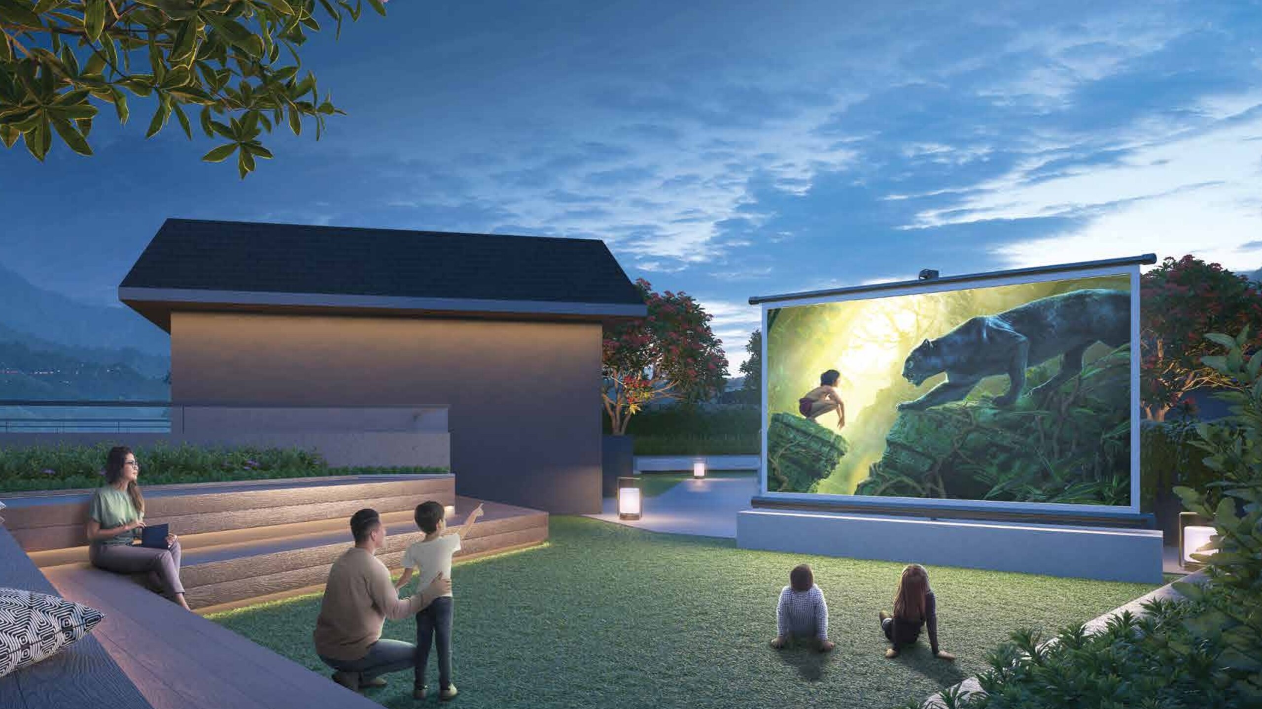 Terrace skyplex and open-air screening lawn, render