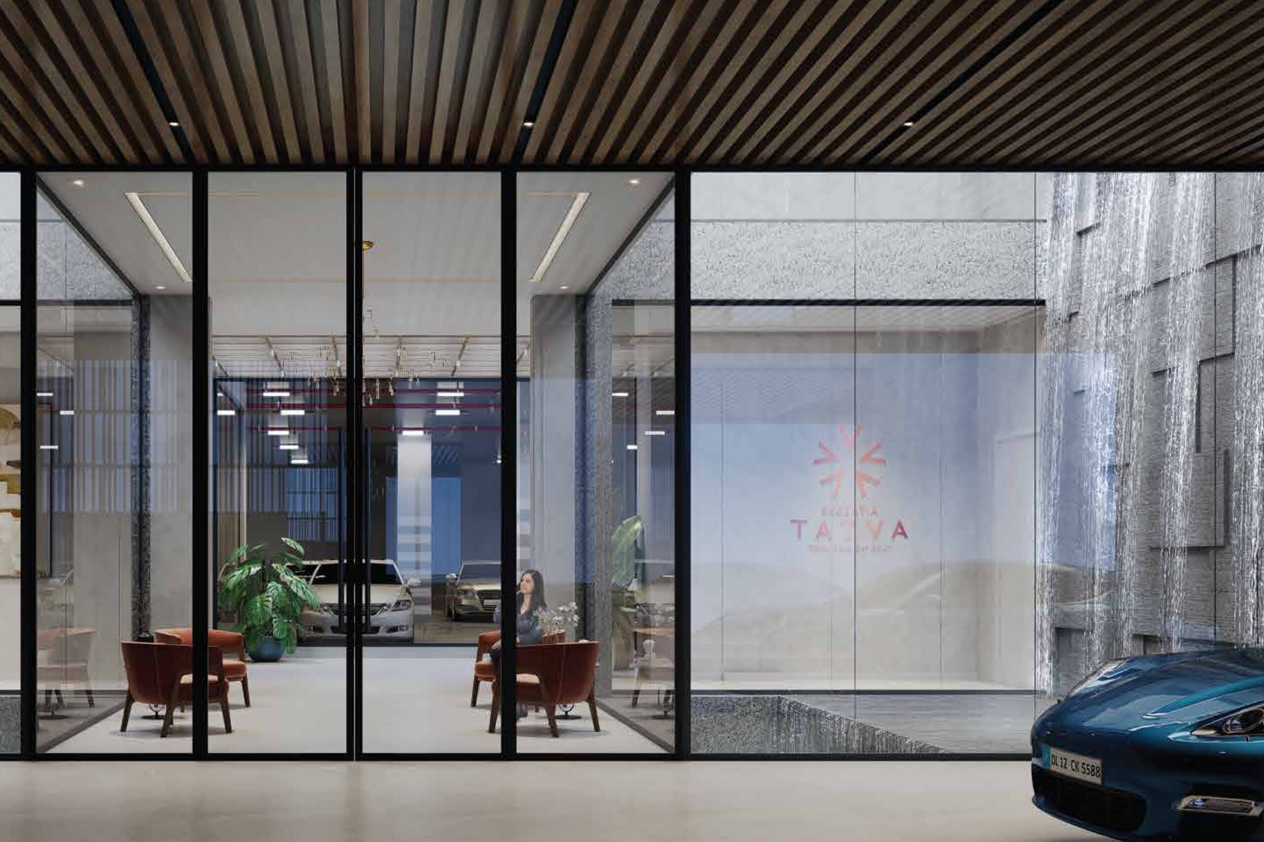 Water cascade club lobby, render