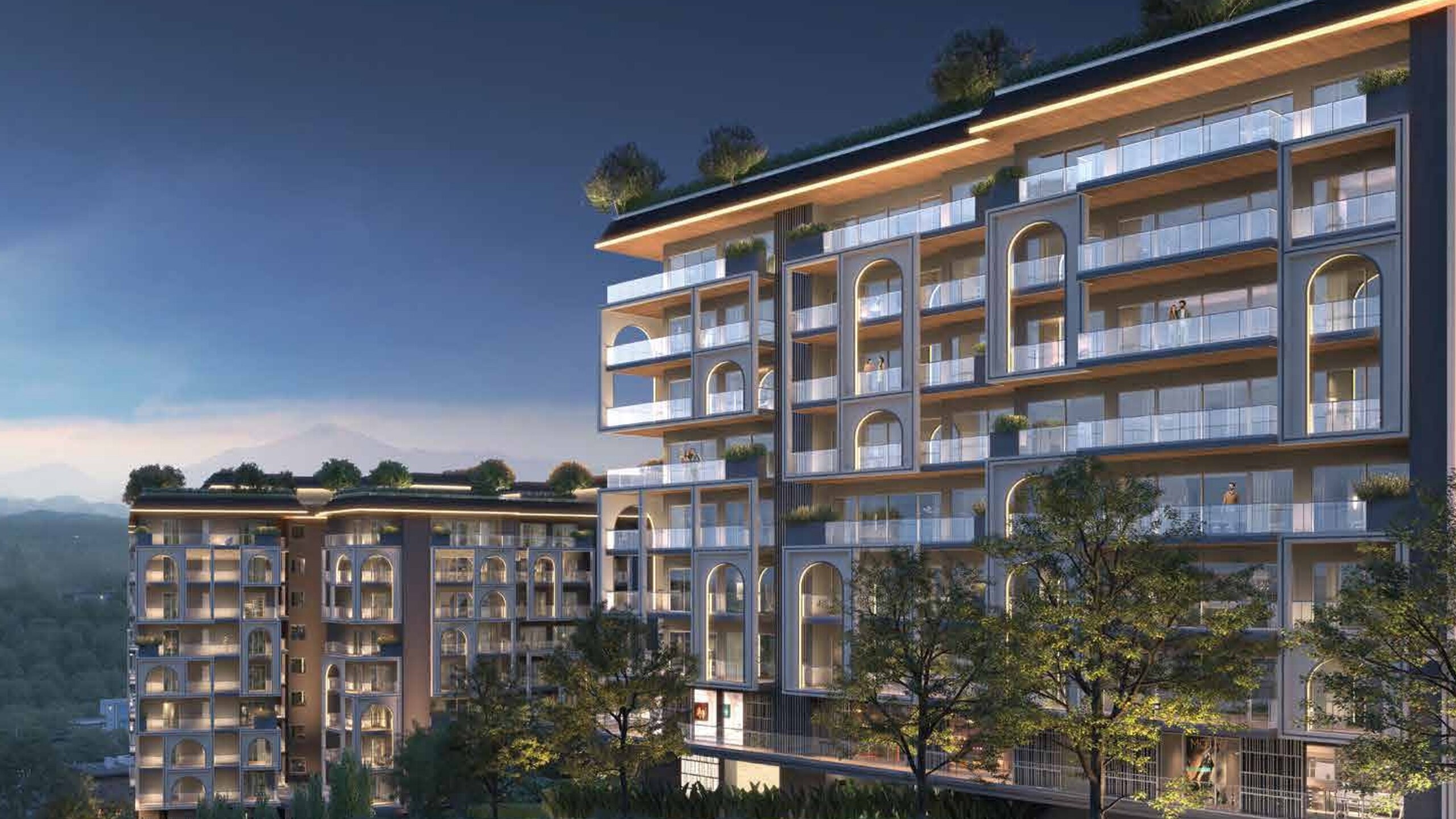 Tower elevation at twilight, render