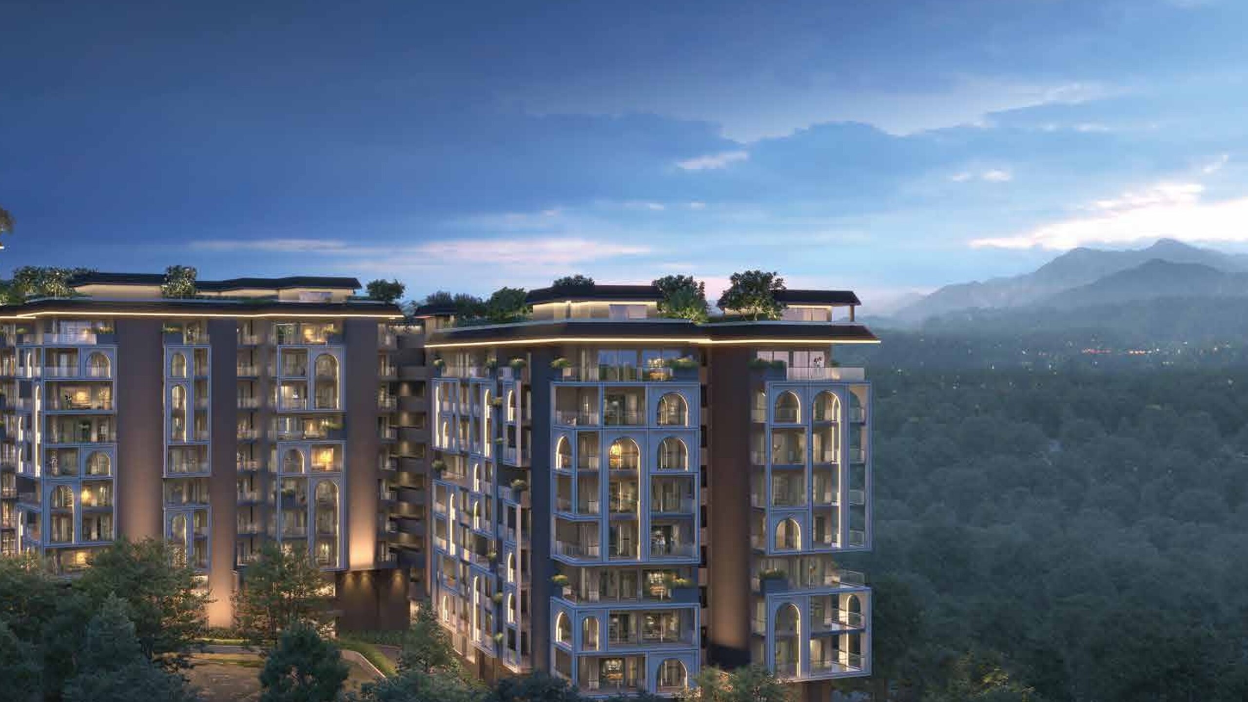 Tower elevation at dusk, render