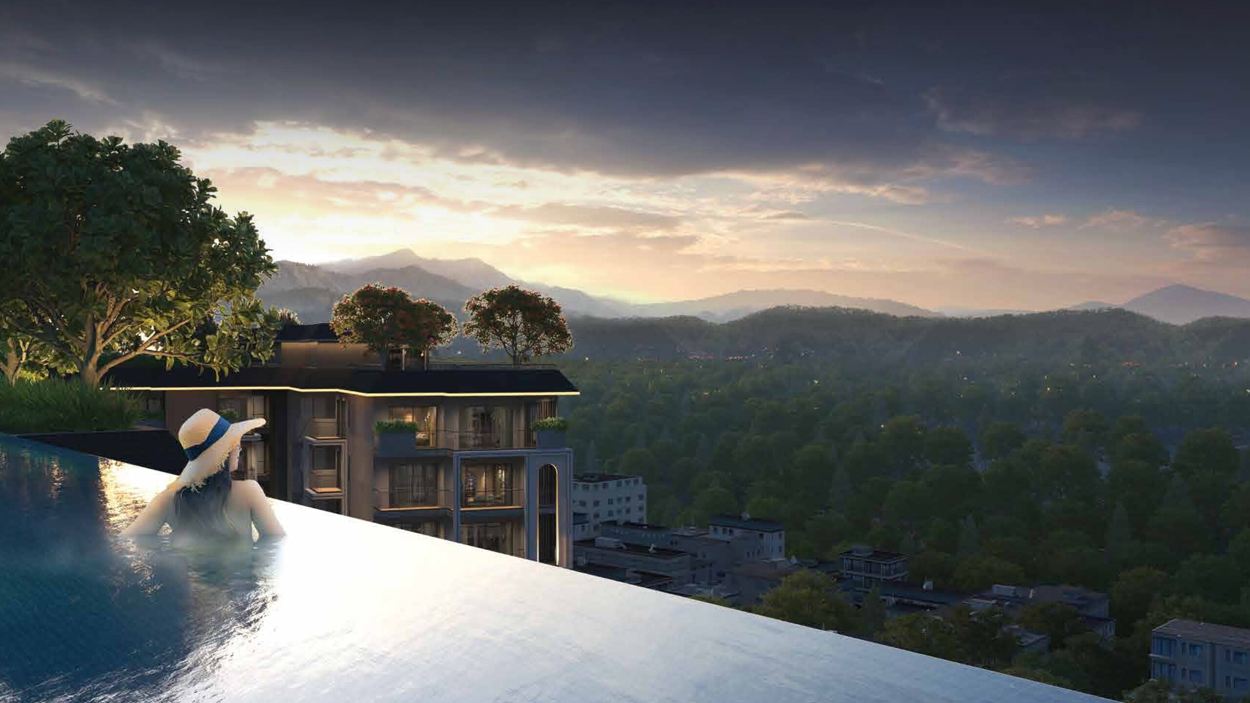 The five towers and pool decks among mature trees, developer render