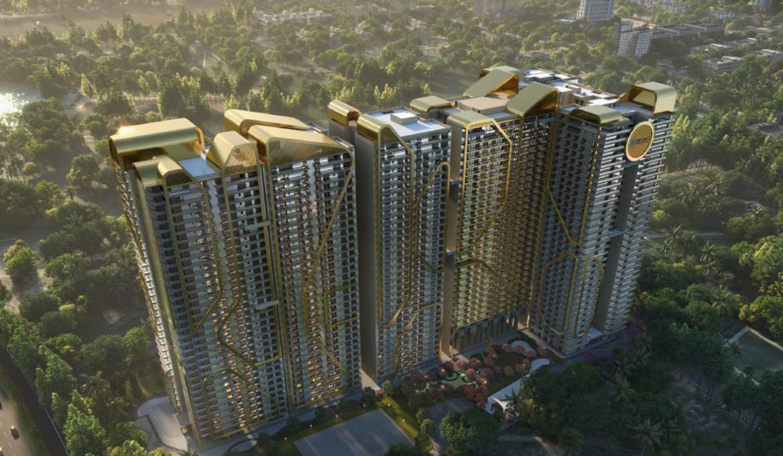 Aerial view of the towers amid New Chandigarh greenery