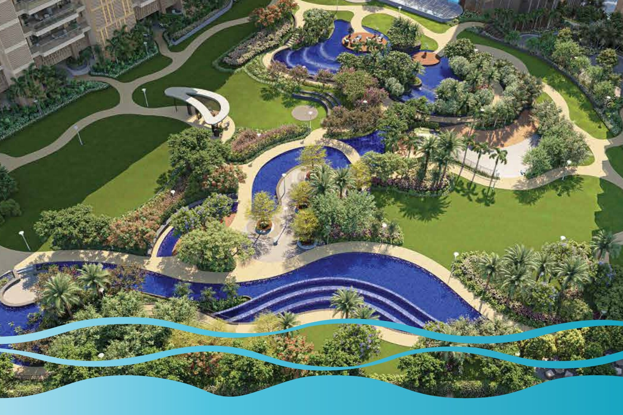 Winding pool and landscaped water channel through the gardens, artistic impression