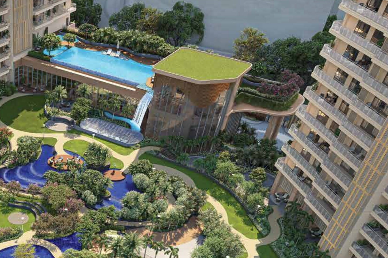 Clubhouse, waterfall wall and tower facades, artistic impression
