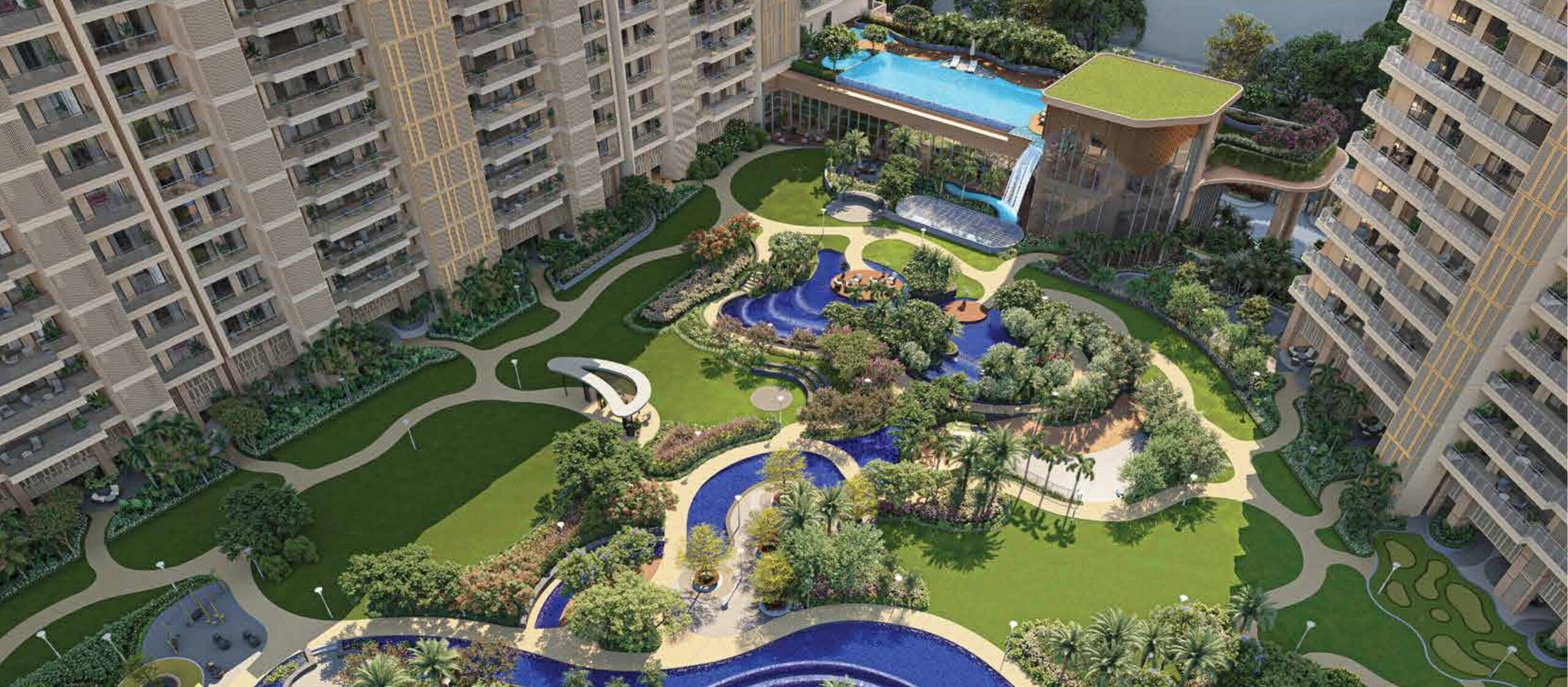 The clubhouse pool and water gardens from the air, developer render