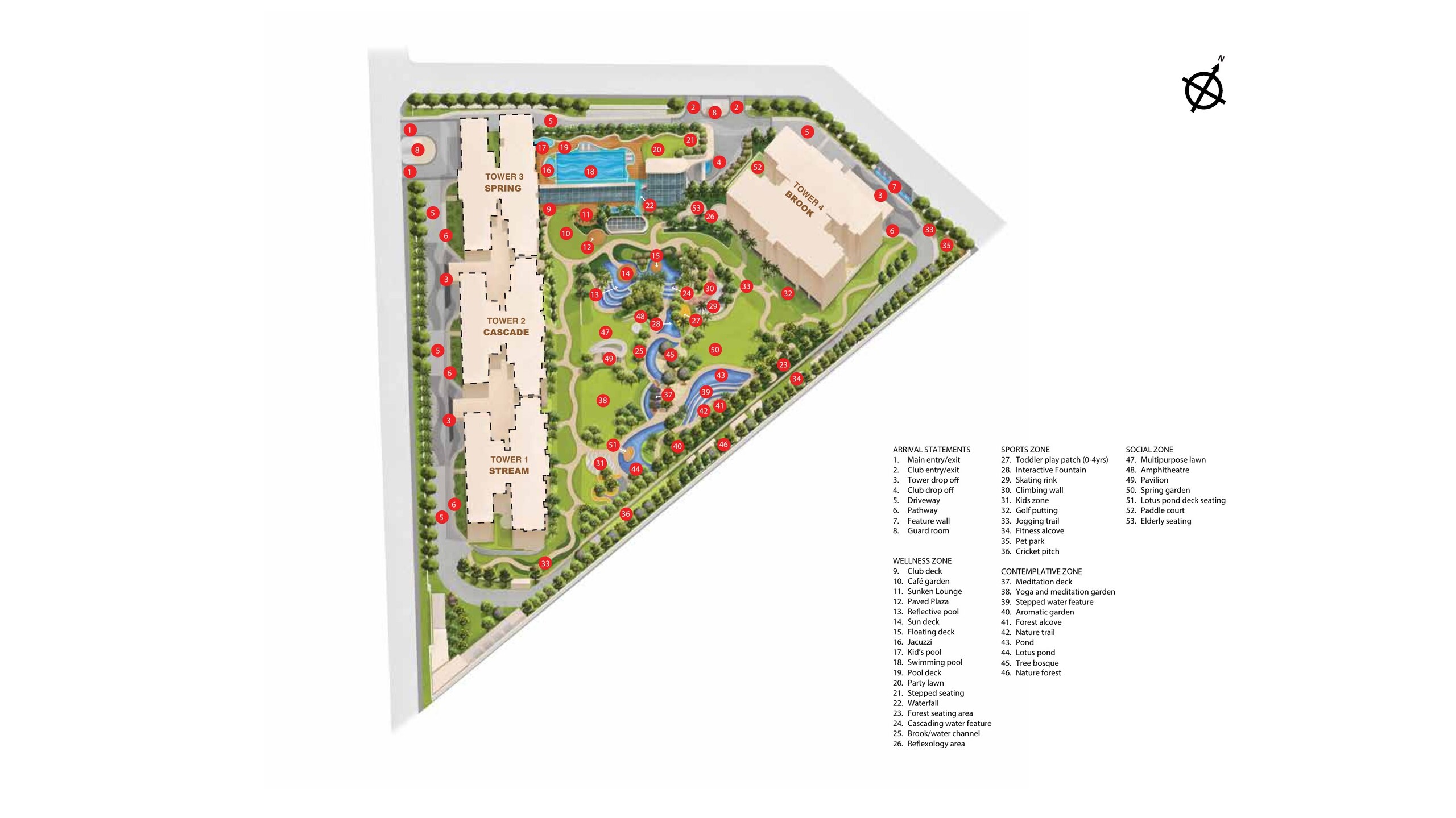 Masterplan showing Tower 1 Stream, Tower 2 Cascade, Tower 3 Spring, Tower 4 Brook and the clubhouse gardens