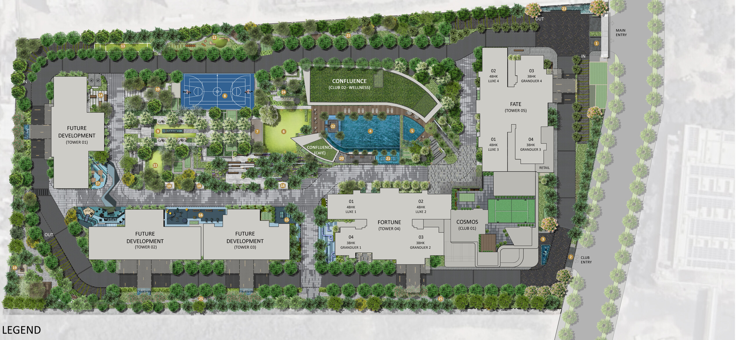 Master site plan: 5 towers, two clubhouses and amenity layout