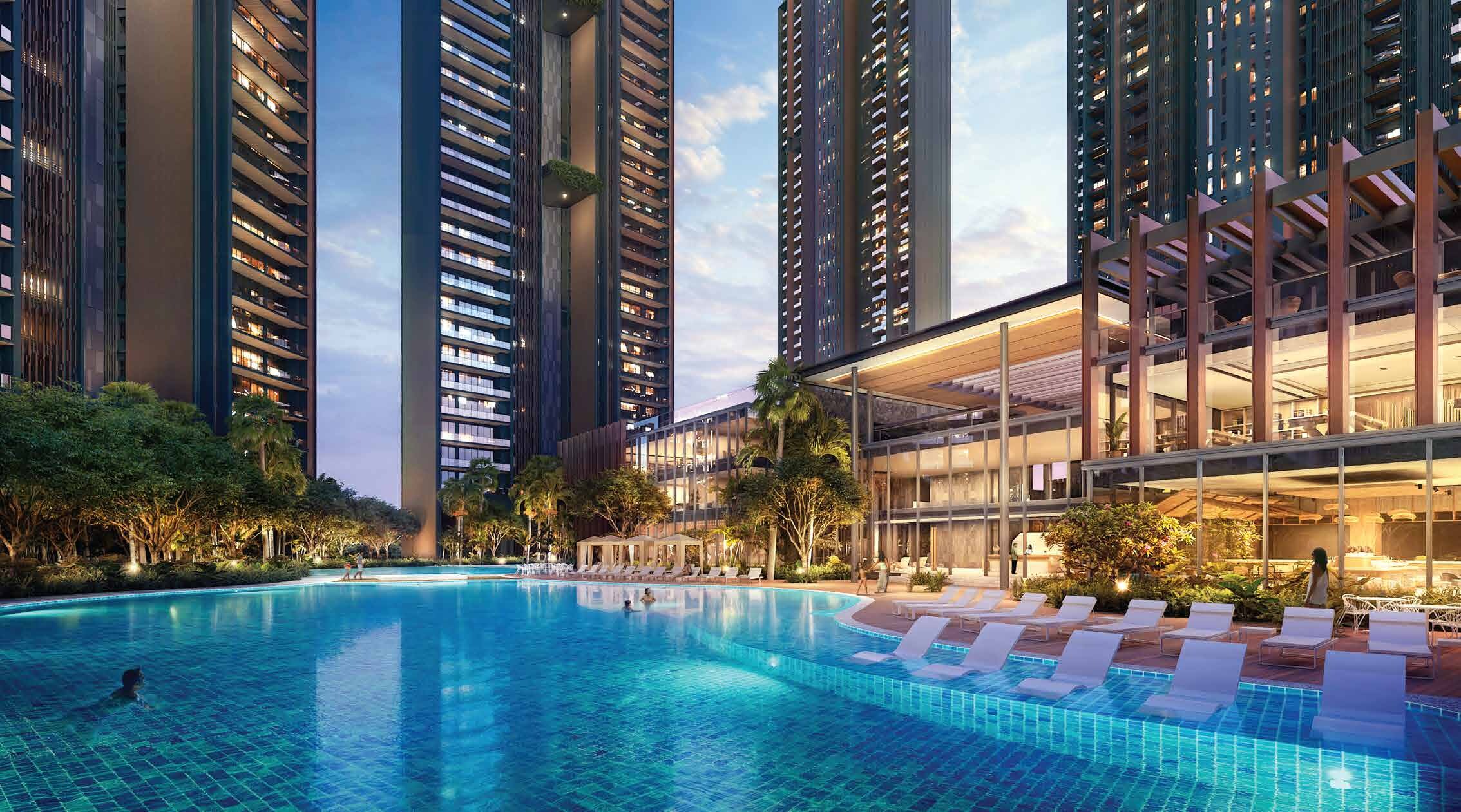 Lagoon pool with clubhouse at dusk