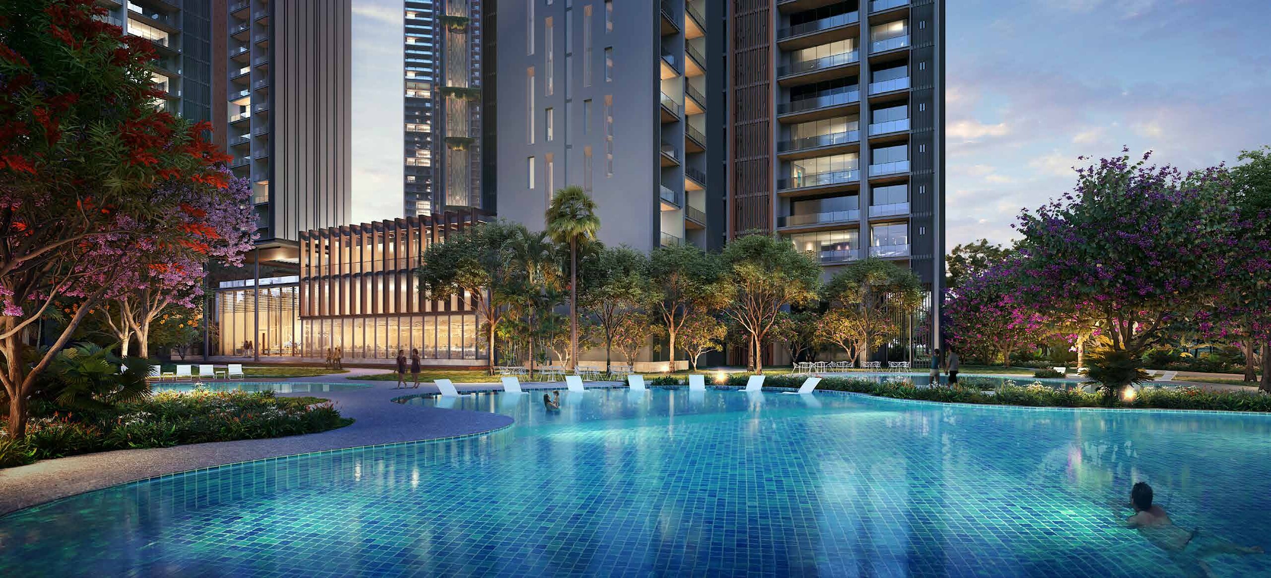 Swimming pool deck at twilight