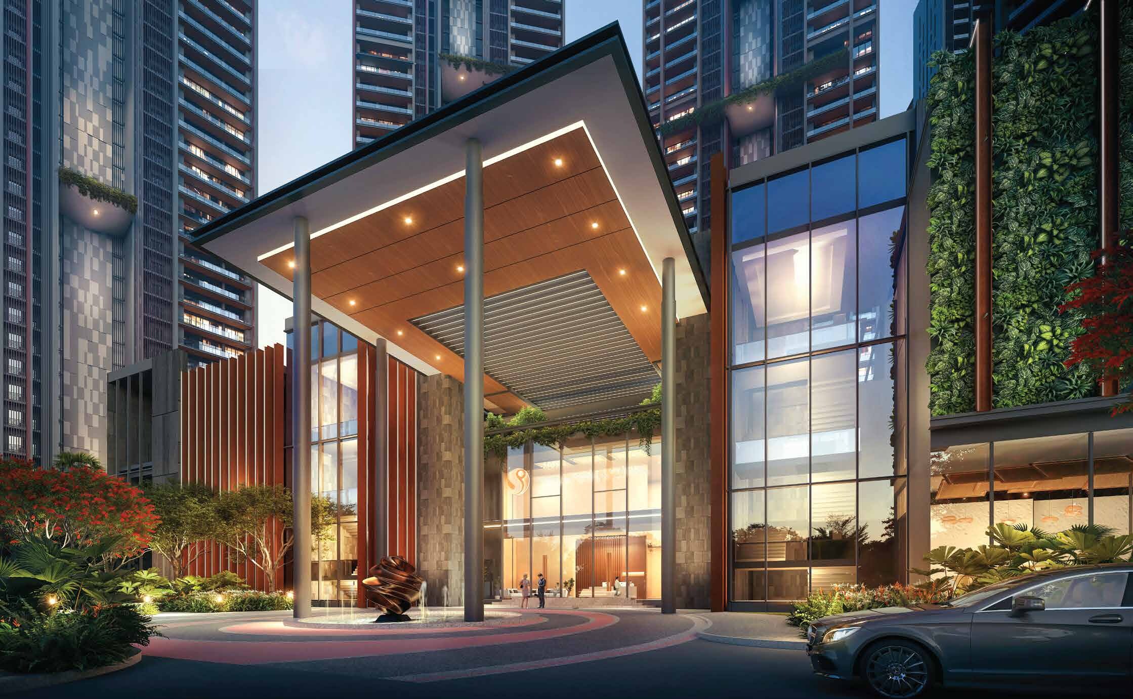 Double-height club entrance lobby, evening arrival
