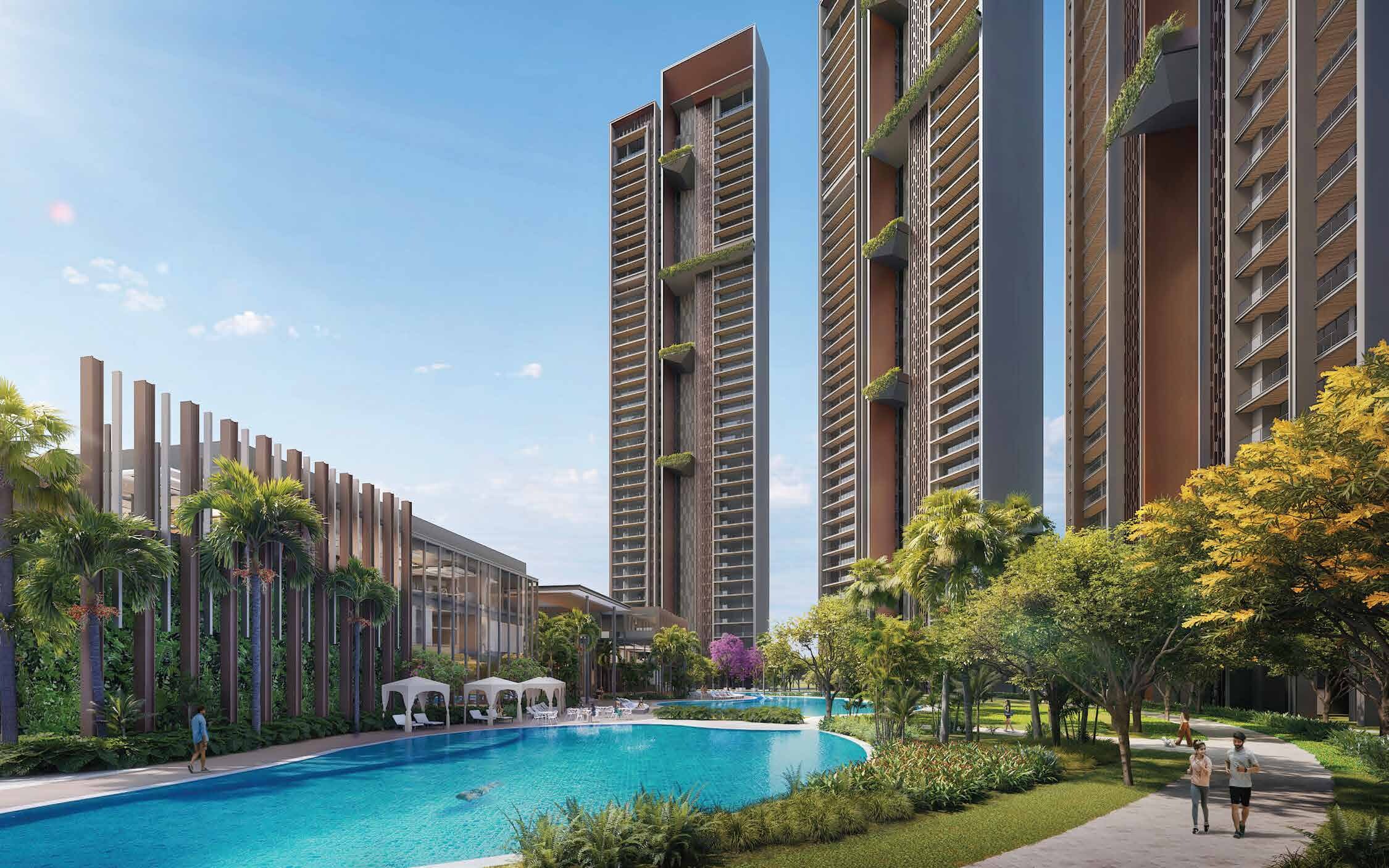 Tower facades and landscaped podium, cityscape oasis