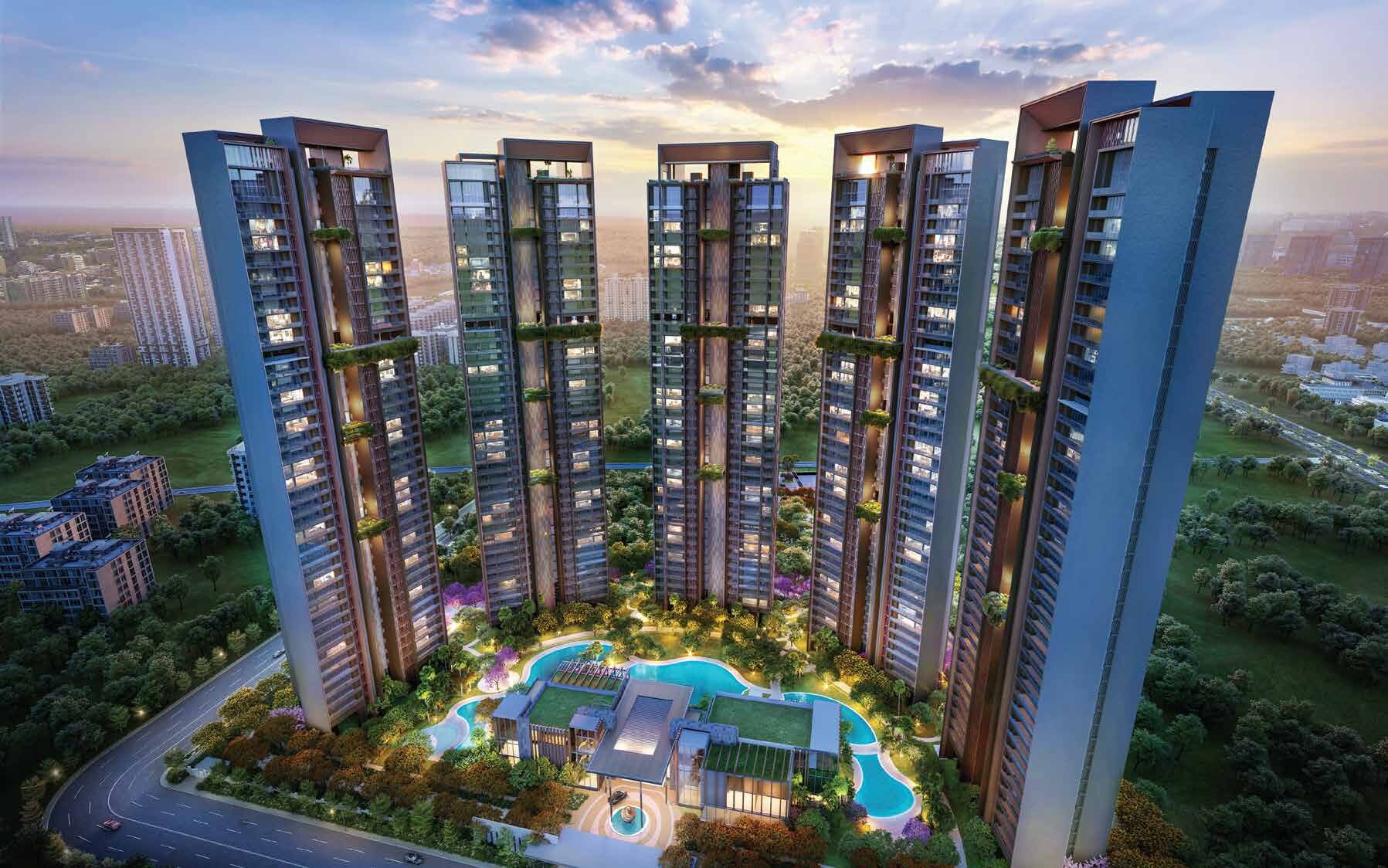 Pool deck and towers at dusk, developer render