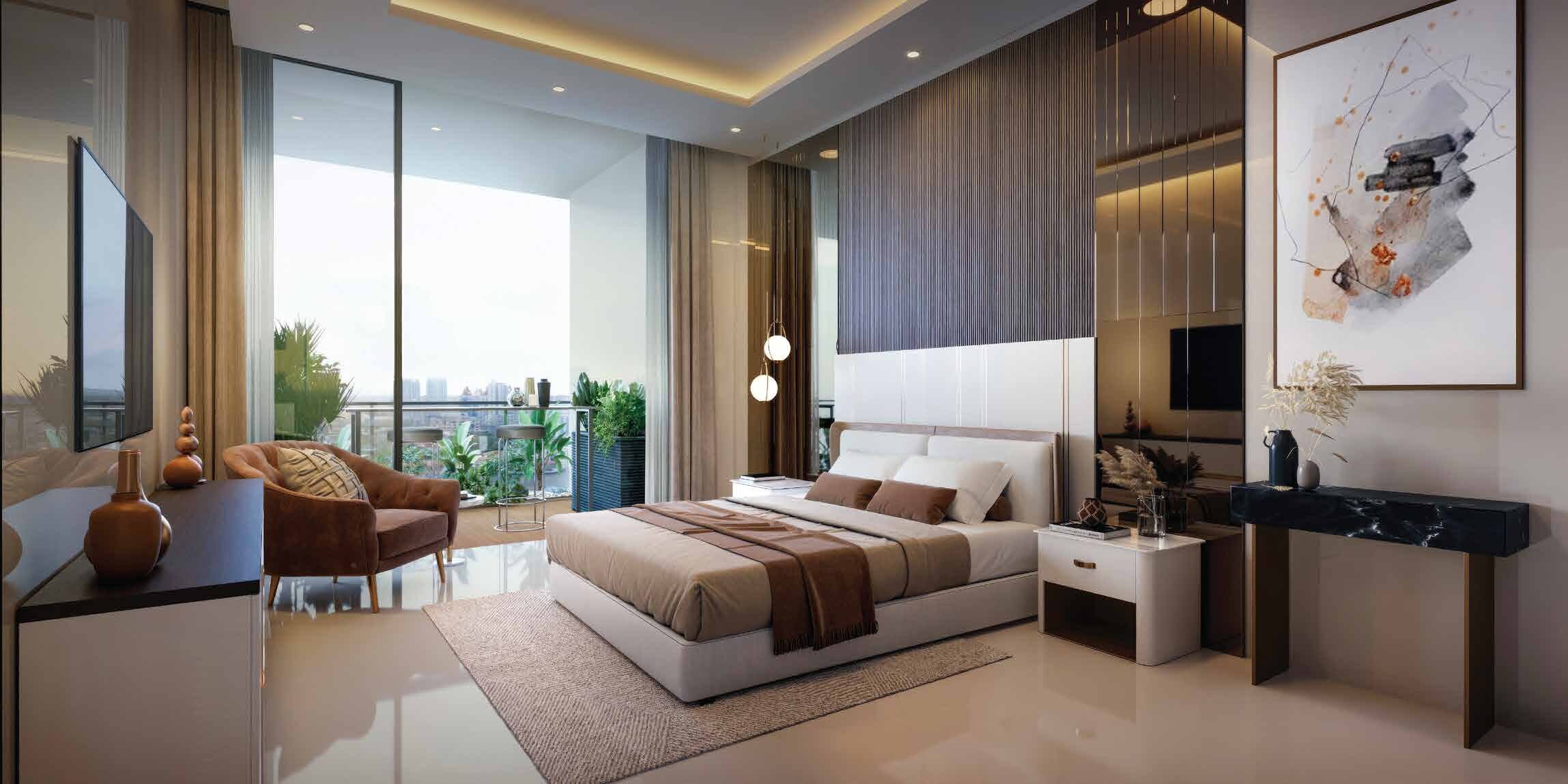 Master bedroom with city view balcony