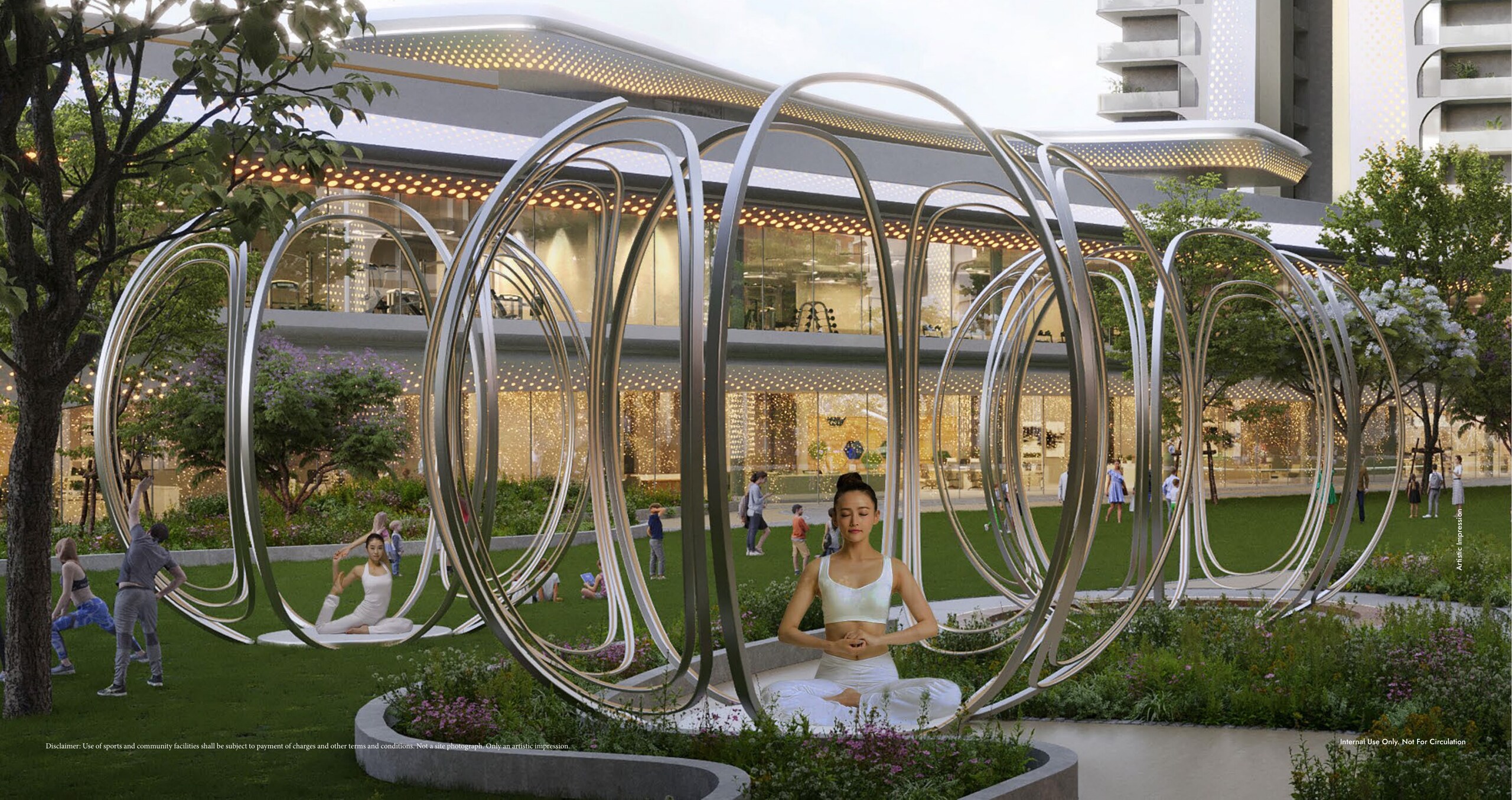 Yoga pods in landscaped garden