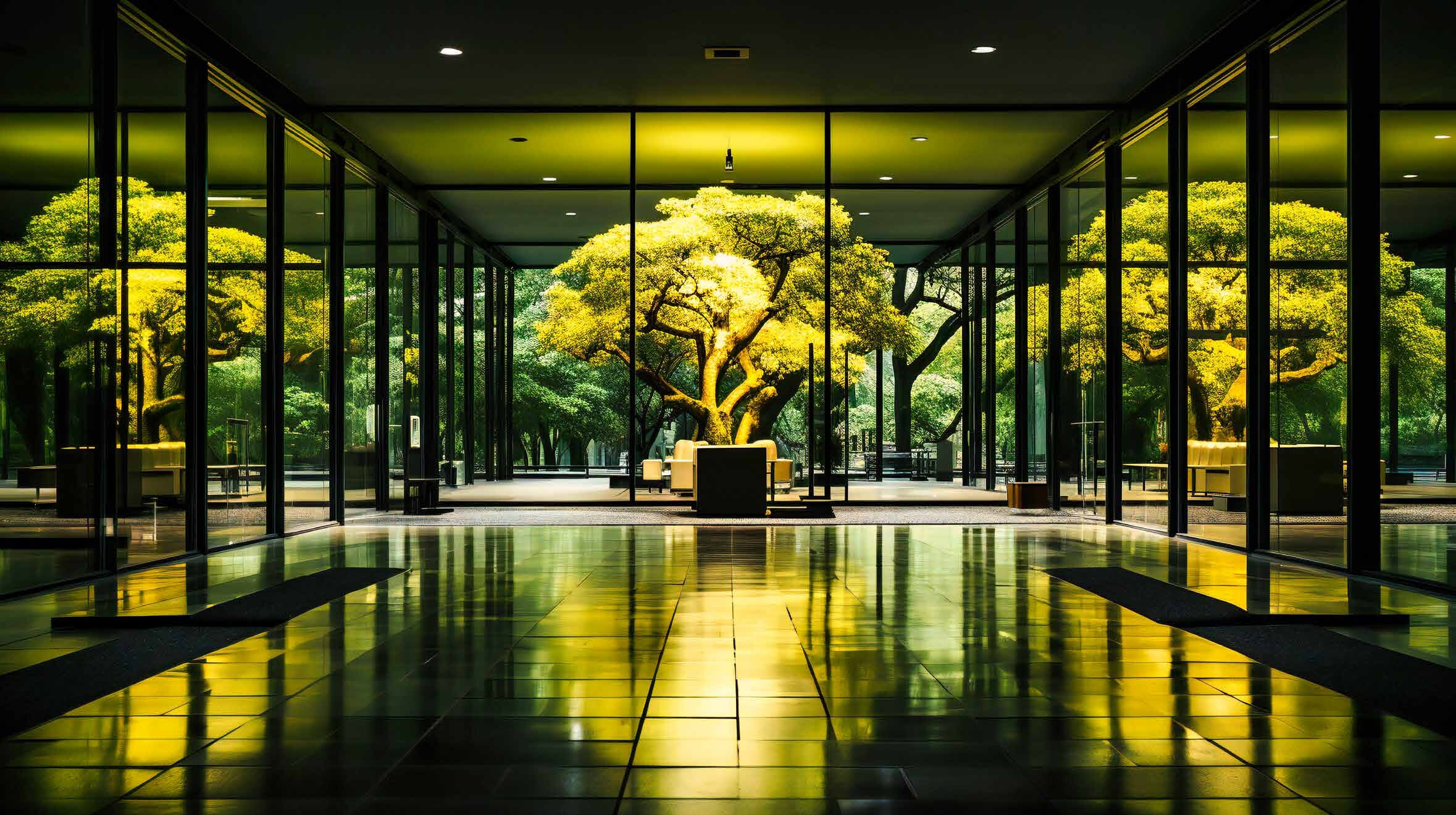 Double-height lobby overlooking the landscaped courtyard