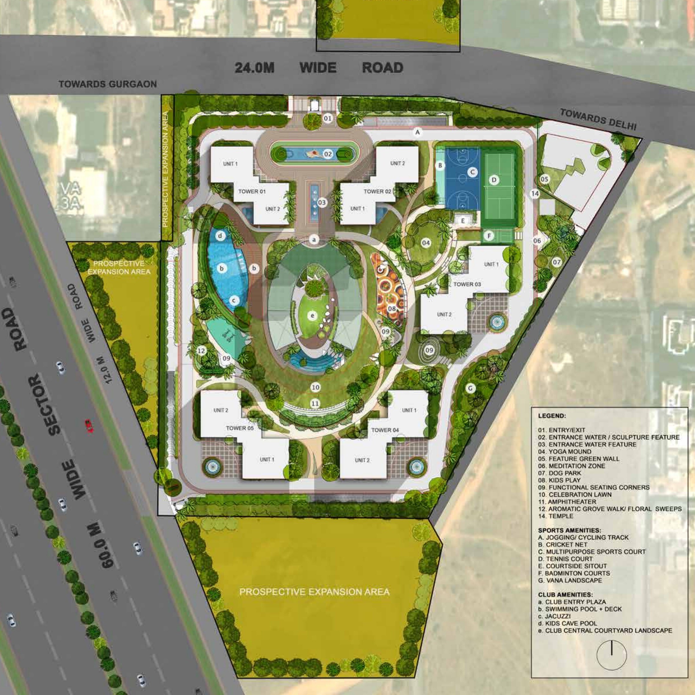 Master site plan showing five towers, club and sports amenities